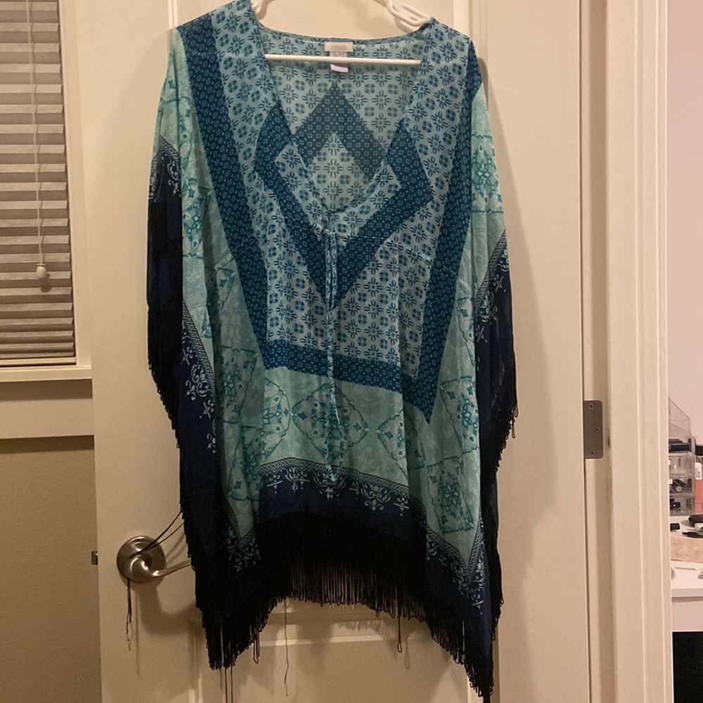 Chicos blue fringe poncho with drawstring -S/M